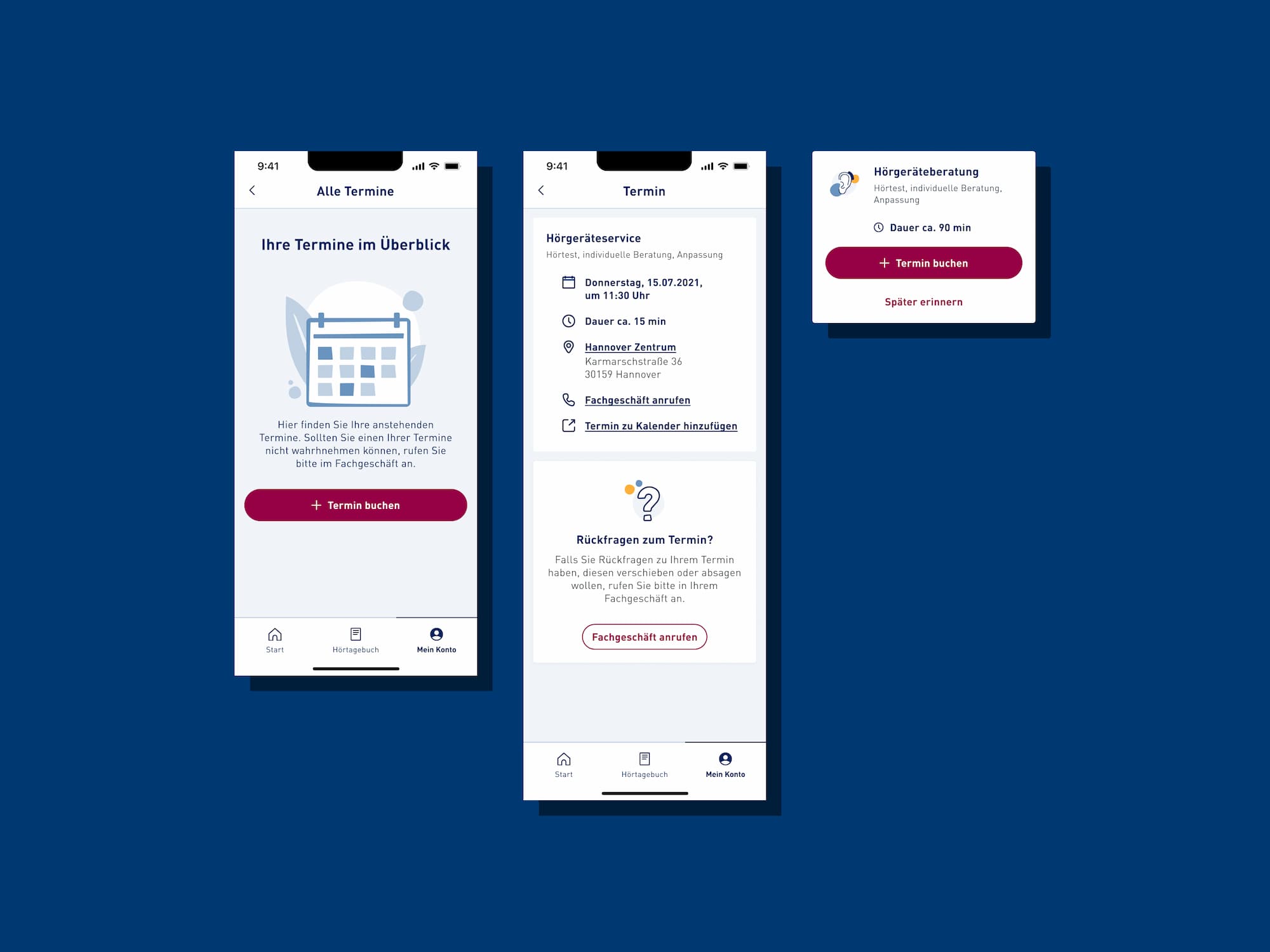 screenshots displaying the appointment booking process