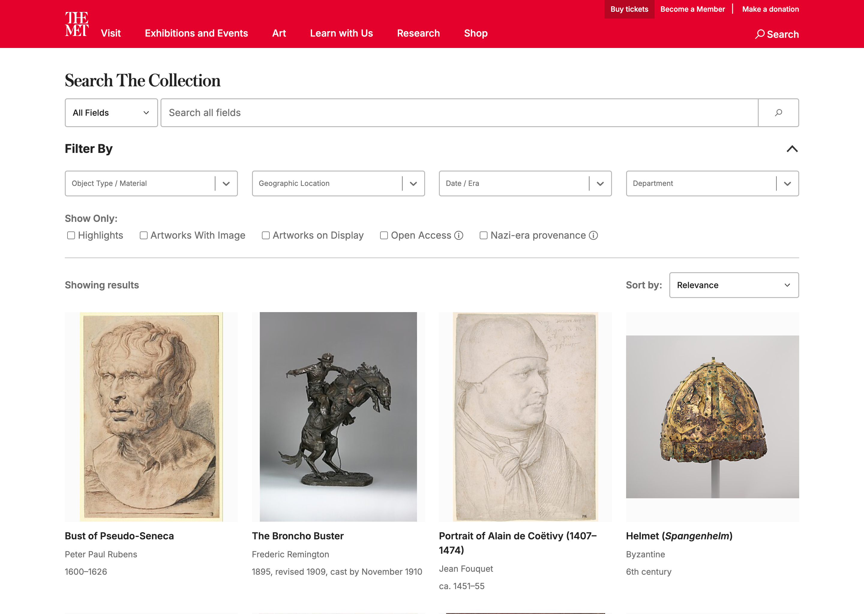 screenshot of the MET object catalogue