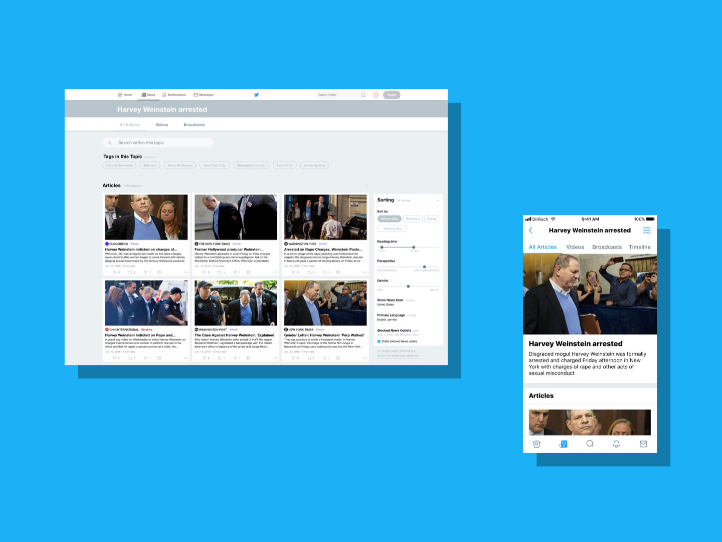 concept of the twitter app on mobile and desktop with clustered articles to one topic