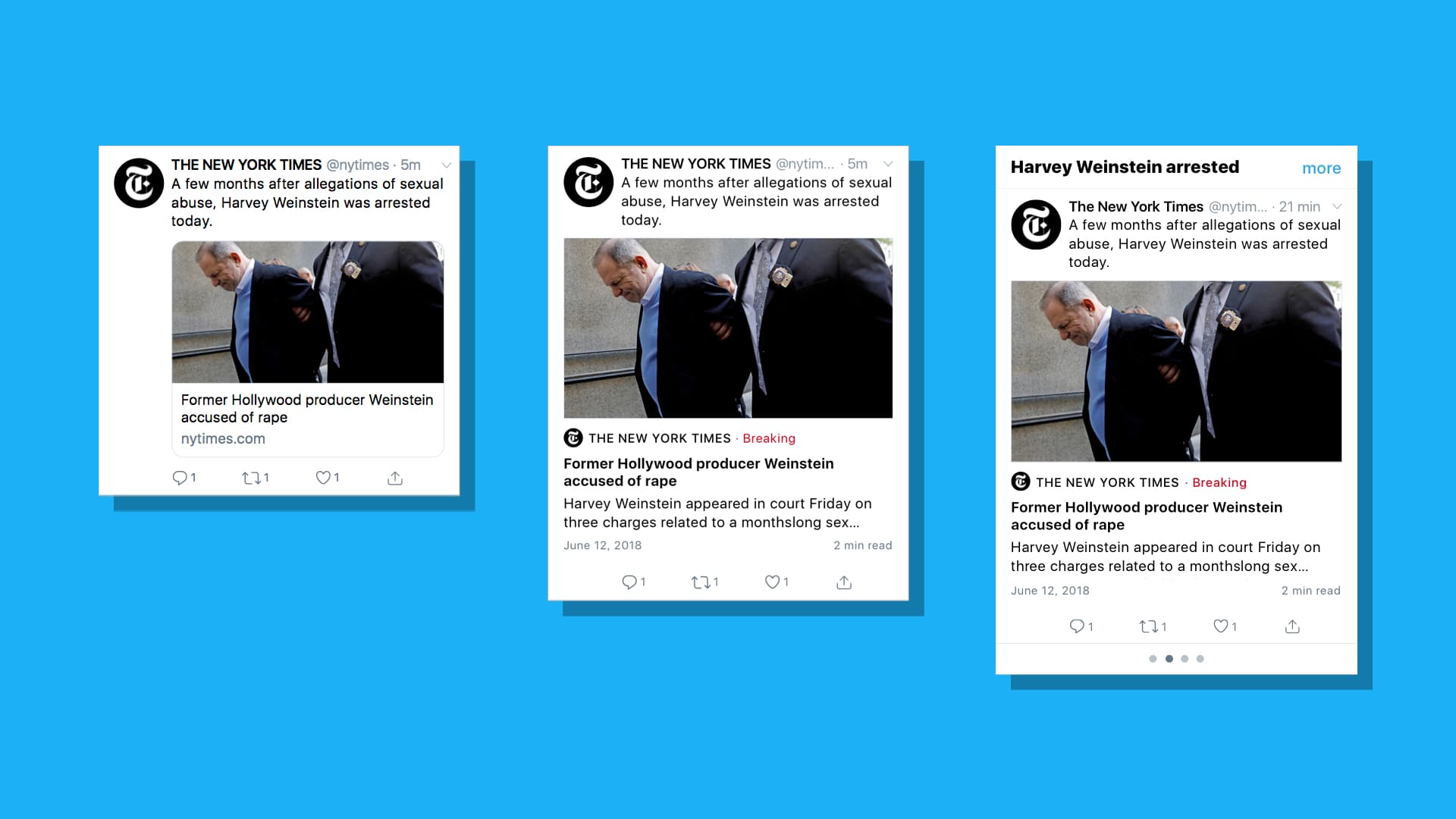 3 different news showing the transition from normal tweet to a 'topic cluster'